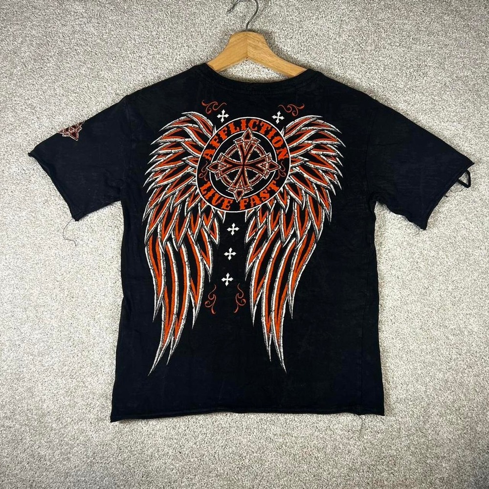 Y2K women's Affliction black and orange angel wings babydoll fit t-shirt